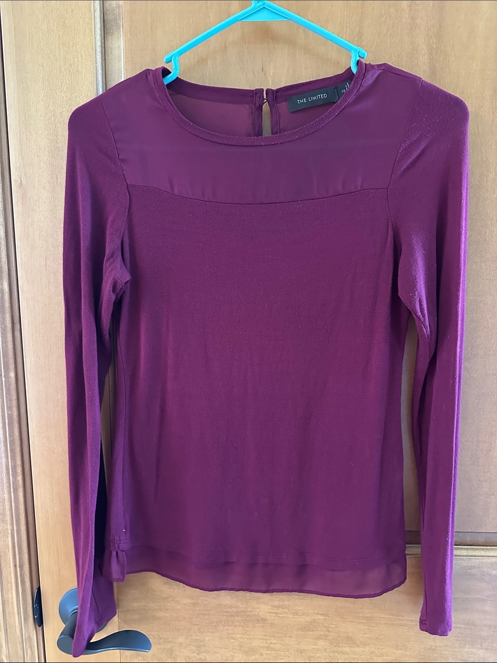 The Limited Burgundy Mesh Panel Sheer Yoke Long Sleeve Top XS